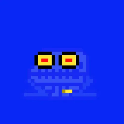 CrypToadz #2155, a blue skeleton toad with yellow and red eyes on a bright blue ground