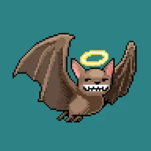 A brown pixel art bat with a toothy smile and a halo, on a teal background