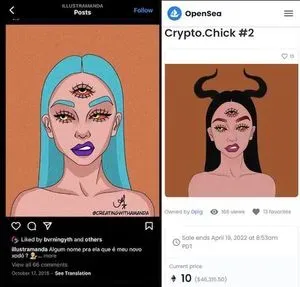 Side-by-side comparison of an Instagram post and an NFT listing, both containing similar illustrations of a woman with a grimace and three eyes