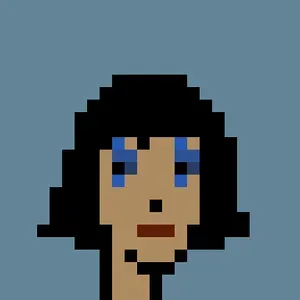A pixel-art person with black bob-style hair and blue makeup around their eyes, on a blue background