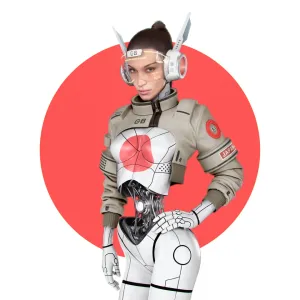 3-D artwork of a humanoid robot shaped like a woman, all white with a red circle on the chest, wearing a bomber jacket with "Japan" on the arm. The robot has Giga Hadid's face, which is wearing a futuristic visor and earphones. The background is the Japanese flag.