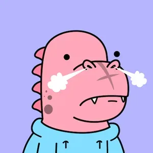 A pink dragon blowing smoke out its nostrils, wearing a blue hoodie.