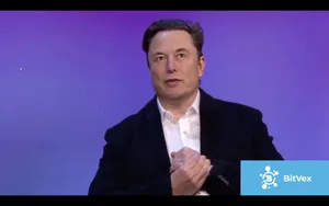 Elon Musk, sitting with his hands clasped in front of a purple background. A logo for "BitVex" is visible in the bottom right.