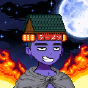 Cel shaded illustration of a humanoid figure with purple skin smirking. They have a roof of a house on their head with Japanese characters and lanterns hanging from it, and are wearing a grey cape with a black clasp. Behind them is fire and a night sky with a large moon.
