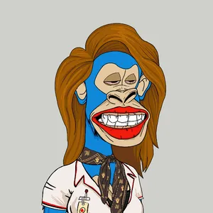 A Bored Ape-style illustration of an ape with blue skin, brown shoulder-length hair, a grimace with red lipstick, bloodshot heavy-lidded eyes, a skull-print scarf, and a nurse's top