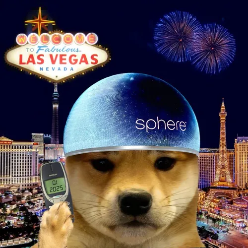 A photo of the shiba dog from the dogwifhat meme, with the Las Vegas Sphere photoshopped on its head, holding an old cell phone with "Q1 2025" on it