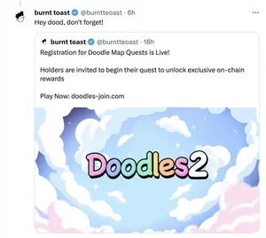 Twitter reply by an account called "@burntteoast", advertising a link to a supposed "Doodles 2" project