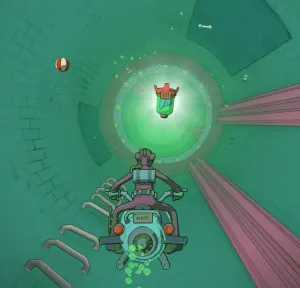 A monkey sits atop what appears to be some kind of underwater motorcycle, navigating through a murky sewer pipe with various obstacles in the distance