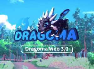 An illustration of a purple dragon with white spikes all around its head, perched on the text "Dragoma" in blue all caps. Underneath that it says "Dragoma Web 3.0" in white text. In the background is an illustrated scene of trees and sky.