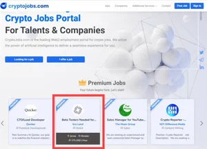 Job listing website called cryptojobs.com, with a highlighted "Premium Job" reading "Beta Testers Needed for... Eco Land"