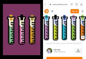 Pixel art of three test tubes containing green, pink, and gold liquid on a dark purple background. On the right is a screenshot of identical pixel art from vecteezy.com 