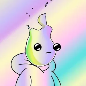 Pastel rainbow colored illustration of a flame, wearing a hoodie