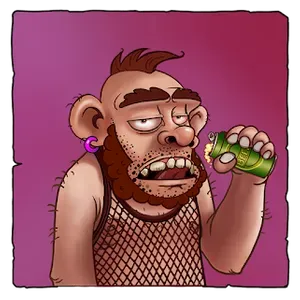 A cartoon man wearing a mesh tank top, with a beard and facial stubble, a hot pink earring, and a brown mohawk, drinks a can of beer.