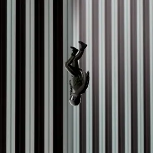 A rendering resembling the famous "The Falling Man" photo. A man in an astronaut suit falls headfirst, with a striped background resembling a tall office tower.