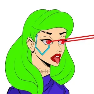 An illustration of a woman with bright green hair and red eyes with laser beams shooting out of them. She's sticking her tongue out and has a bright blue tattoo on her face