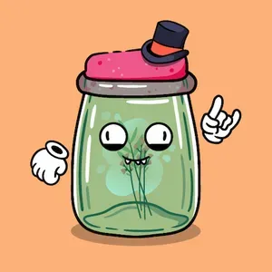 An illustration of a green jar with a top hat and flowers inside on an orange background.