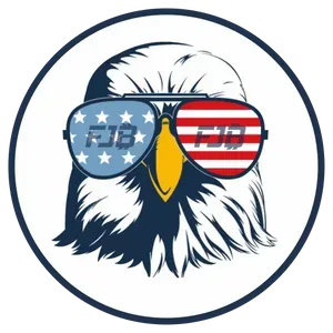 An illustration of an eagle wearing American flag print sunglasses that say "FJB" on each lens