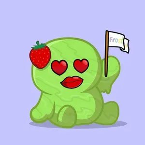 A green, vaguely human-shaped blob with a strawberry on its head and hearts for eyes, holds a flag that says "Frosties"