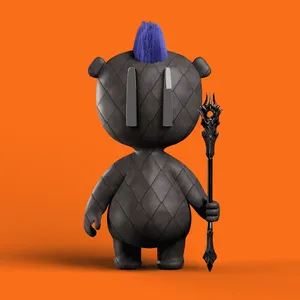 A 3D model somewhat resembling a bear. Its surface appears to be diamond-embossed black leather, and it has a blue mohawk and is holding a black metal scepter.