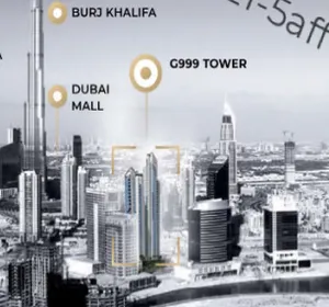 Rendering of a skyscraper in Dubai, with the Burj Khalifa in the background