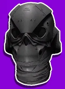 A monochrome, dark grey helmet model