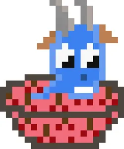 A pixel-art image of a blue goat sitting in a red bowl