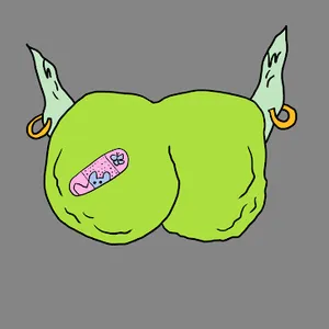 A green wrinkly pair of butt cheeks with light green goblin ears with gold rings, and a pink bandaid