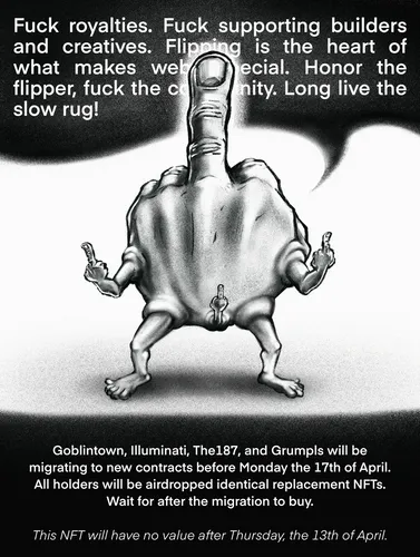 Goblintown NFT images all changed to an illustrated middle finger in protest about royalties