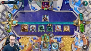 Screenshot of gameplay of a digital trading card game. There is a streamer overlaid in the bottom left corner.