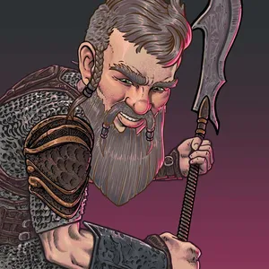 An illustration of a dwarf with a long grey beard and short cropped hair with some braids in it. He is hunched over holding a glaive and is wearing a chainmail shirt