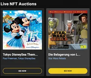 Two listings for sale on the HitPiece website: "Tokyo DisneySea Theme Song" and a German-language Star Wars song, "Die Belagerung von Lothal - Teil 2 - Kapitel 6"