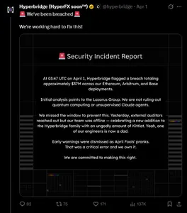 Screenshot of a tweet by Hyperbridge: We've been breached
We're working hard to fix this!
Security Incident Report
At 03:47 UTC on April 1, Hyperbridge flagged a breach totaling approximately $37M across our Ethereum, Arbitrum, and Base deployments.
Initial analysis points to the Lazarus Group. We are not ruling out quantum computing or unsupervised Claude agents.
We missed the window to prevent this. Yesterday, external auditors reached out but our team was offline - celebrating a new addition to the Hyperbridge family with an ungodly amount of KitKat. Yeah, one of our engineers is now a dad.
Early warnings were dismissed as April Fools' pranks. That was a critical error and we own it.
We are committed to making this right.