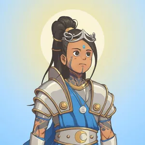 An illustration of a young-looking human wearing silver armor and a blue toga, with a silver tiara, long brown hair, and blue markings on their face