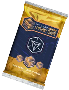 A digital rendering of a foil-wrapped packet of trading cards, in gold and black. The logo says "Ingress 2022 Epiphany Dawn".