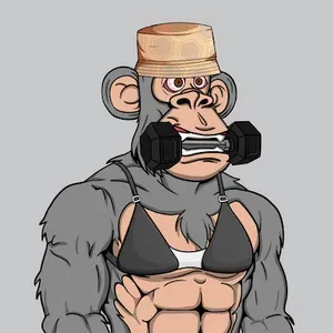 A muscular grey ape wearing a bucket hat, holding a hand weight in its mouth, with bloodshot eyes, wearing a bikini top