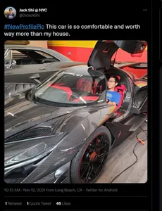 Tweet by Jack Shi, containing a photo of a man sitting in the driver's seat of a sports car with the gull-wing door opened. Text reads "#NewProfilePic This car is so comfortable and worth way more than my house."
