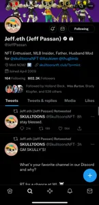 Twitter profile of Jeff Passan, showing banner and profile pictures for "Skulltoons", and the name "Jeff.eth (Jeff Passan)"