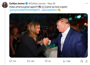 Tweet by Caitlyn Jenner: "make america great again!!! 🇺🇸 and we love crypto! @pumpdotfun 🫡" with a photo of Jenner grasping hands with Donald Trump