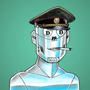 A shiny chrome robot, with a captain's hat, Bitcoin symbols for eyes, smoking a cigarette on a blue-green background.