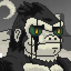 A pixel art image of a large ape creature with green and yellow eyes