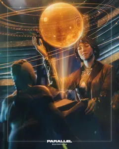 An illustration of two people looking at a hologram of a sphere