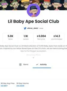 A screenshot of an OpenSea profile called "Lil Baby Ape Social Club"