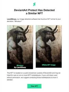 Screenshot of DeviantArt Protect, software which detects similar artwork being used off-site. In the screenshot, artwork depicting a minotaur has been directly copied with no apparent modifications and posted on an NFT marketplace.