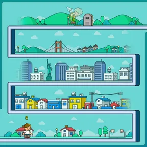 A colorful illustration of a conveyer belt ziz-zagging upwards. On the bottom level is a small boy with a butterfly over his head, amidst houses and trees. The second level has a larger town. The third level has an illustration of New York, with skyscrapers and the Statue of Liberty. The fourth level has San Francisco, with the Golden Gate Bridge. The fifth and final level has hills and a gravestone, with a ghostly angel next to it.