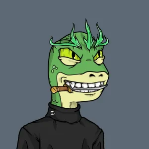 A green lizard with green flames in its forehead, biting a dagger and wearing a black turtleneck shirt