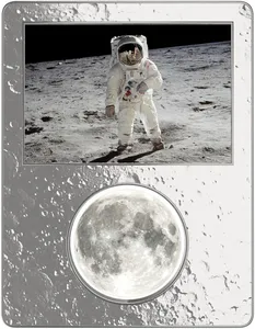A photo of Buzz Aldrin in a space suit on the surface of the moon, superimposed on an iPod Nano-esque object where the screen would be