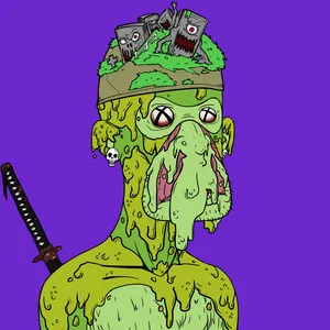 An ape with green melting skin, wearing a hat with gravestones embedded in it. Its eyeballs are bloodshot with Xs on them and it has a katana slung on its back.