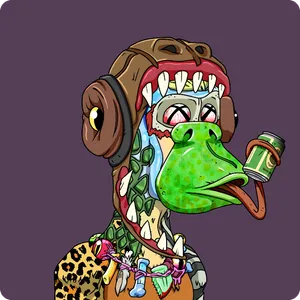 An illustration of an ape with skin made from various animal prints, a bright green muzzle with a tongue stuck out and wrapped around a beer can, X-ed out eyes, a bone necklace, and a WW2 pilot helmet with teeth around the brim