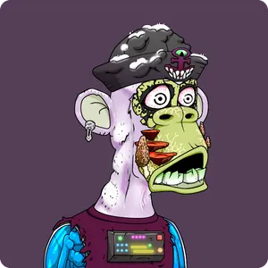 A light purple-furred ape with boils, wearing a pirate hat, with green face with mushrooms growing on it, and open mouth