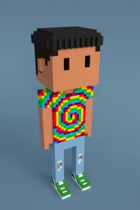 A voxel-style rendering of a human with short black hair and a beanie cap, wearing a tie-die shirt, ripped jeans, and green sneakers